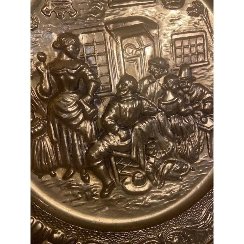 Vintage Peerless England Embossed Brass Wall Hanging Plates Tavern Scenes Set 2